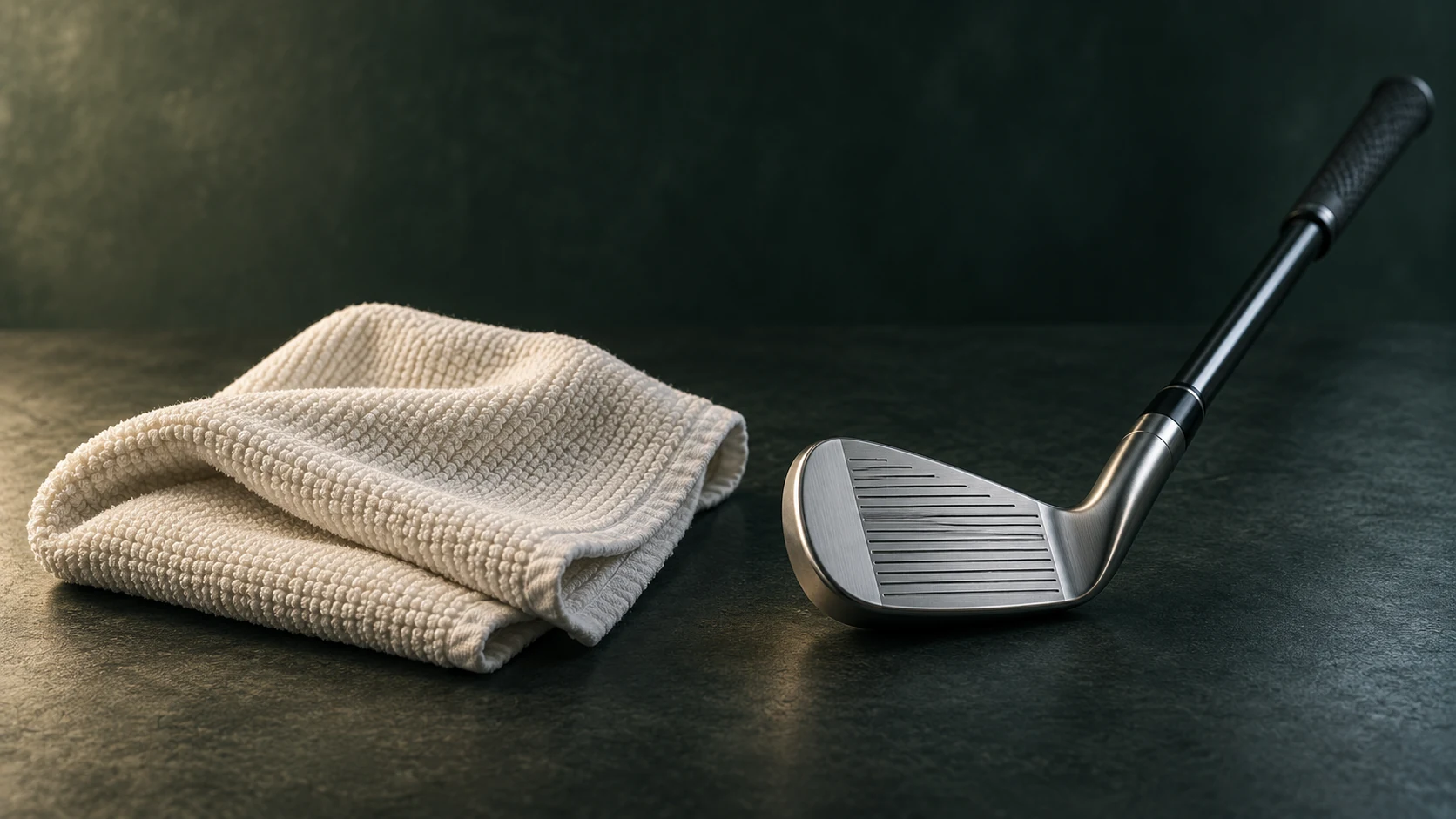 A folded towel and short iron on a dark table. Generated equipment illustration; not an actual practice or result.
