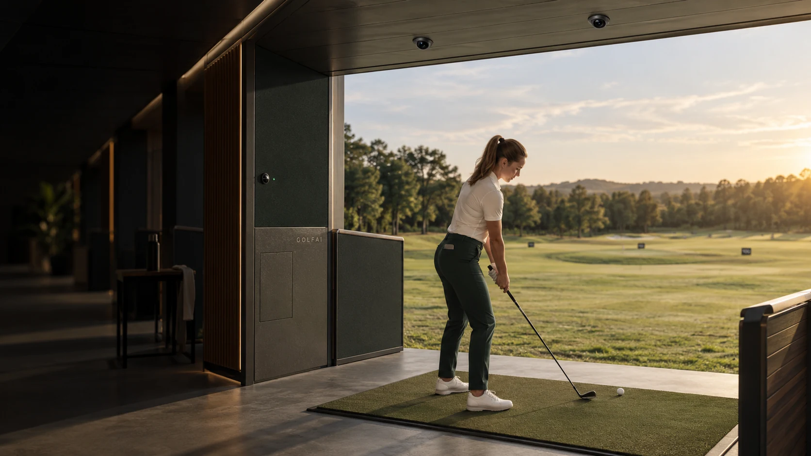 Generated concept illustration: a golfer in a covered range bay, with recessed capture windows and a flush hidden-service panel. Not an installed system.