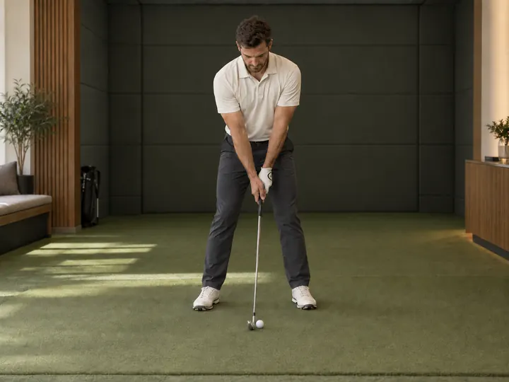 A golfer at address seen from in front, with the whole body and club in frame. Generated illustration.