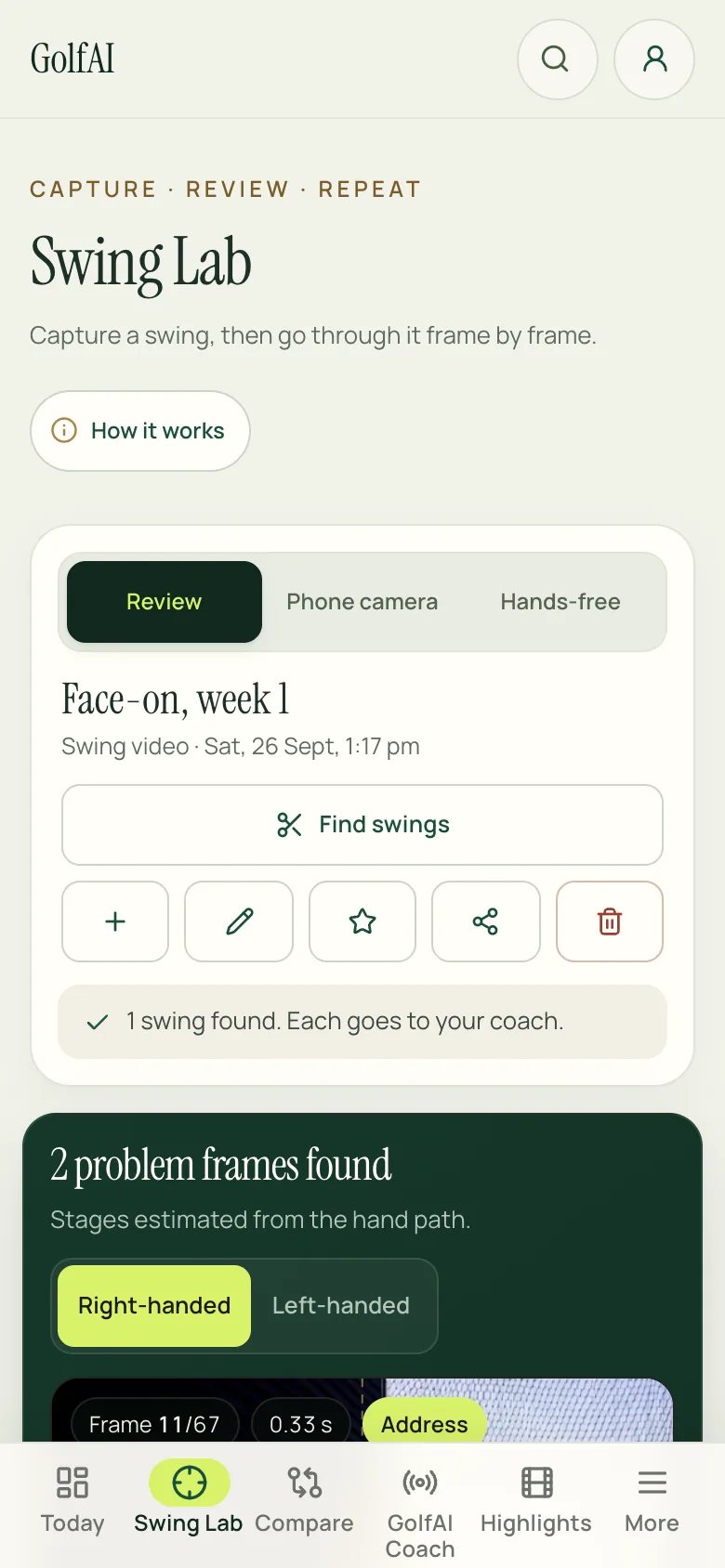 The Swing Lab on a phone: Review, Phone camera and Hands-free at the top, and an open recording with buttons to upload, find swings, rename, mark as best, share or delete.