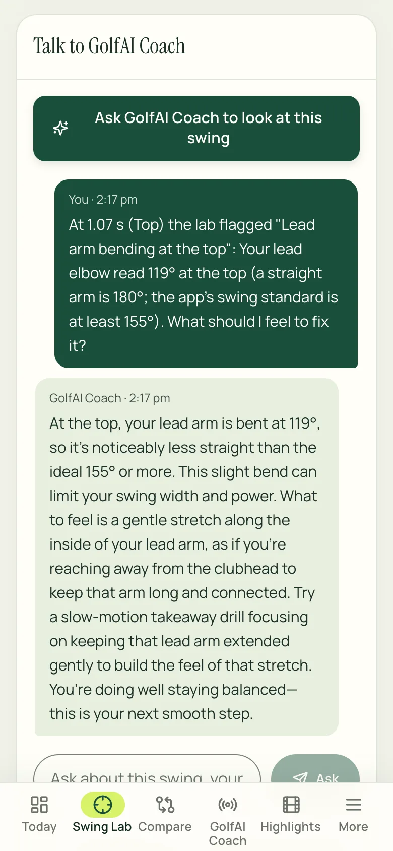 GolfAI Coach, an AI, in the Swing Lab answering the question the lab drafted about the lead-arm finding: the lead elbow read 119° at the top, what to feel (a gentle stretch along the inside of the lead arm) and a slow-motion takeaway drill. A real answer, recorded once on a sample swing. Sample data.