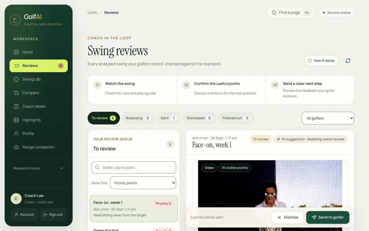 Actual coach review inbox, with a swing awaiting human review; the golfer in the swing video is generated. Sample data.