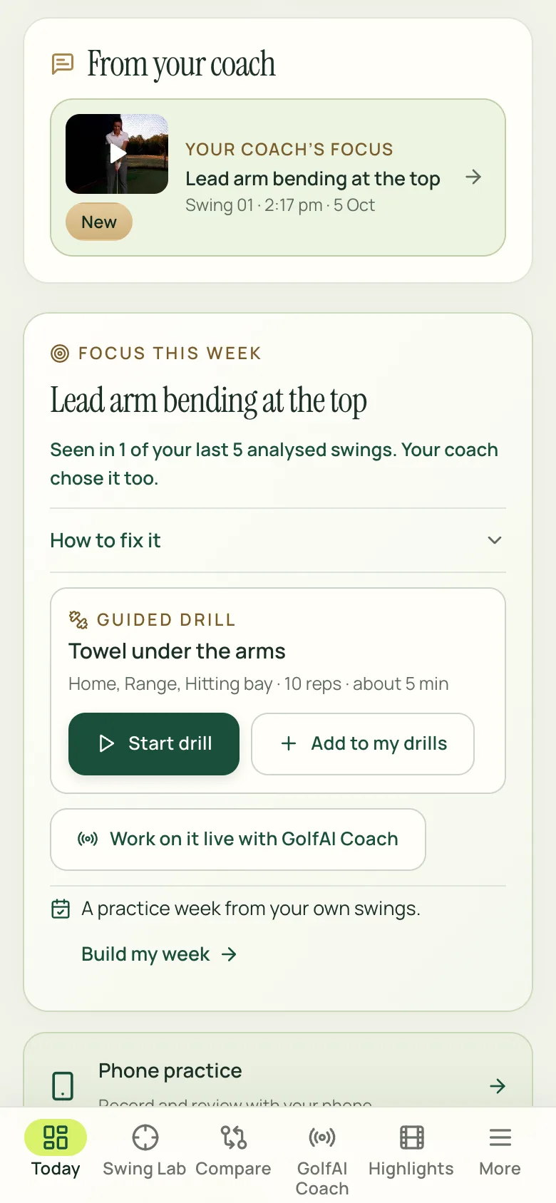 Today in the app: the focus a coach sent on one swing (a generated golfer in the thumbnail), marked New, and this week’s focus with how to fix it, a guided drill to start and a button to work on it live with GolfAI Coach, an AI.