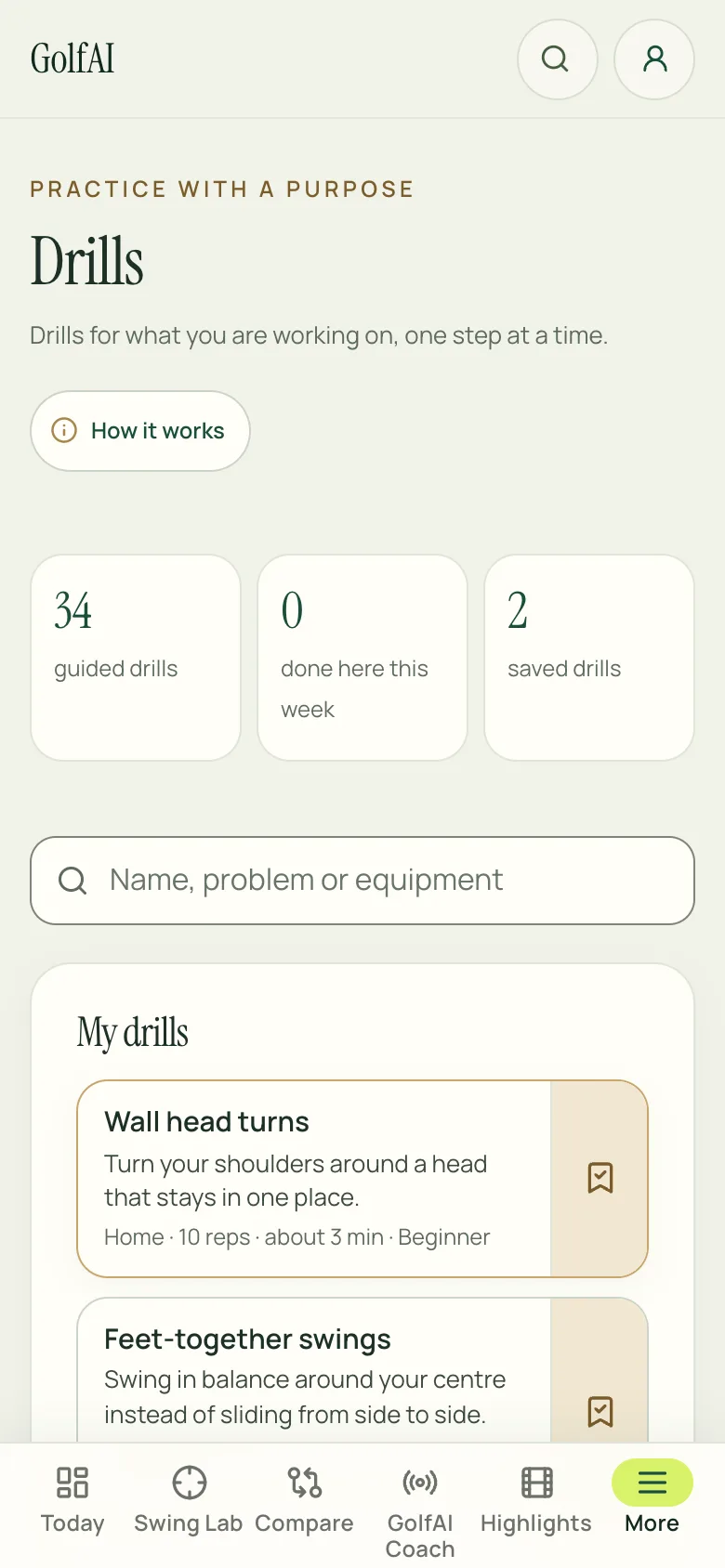 The Drills page on a phone: 34 guided drills, a drill search and the golfer’s two saved drills.