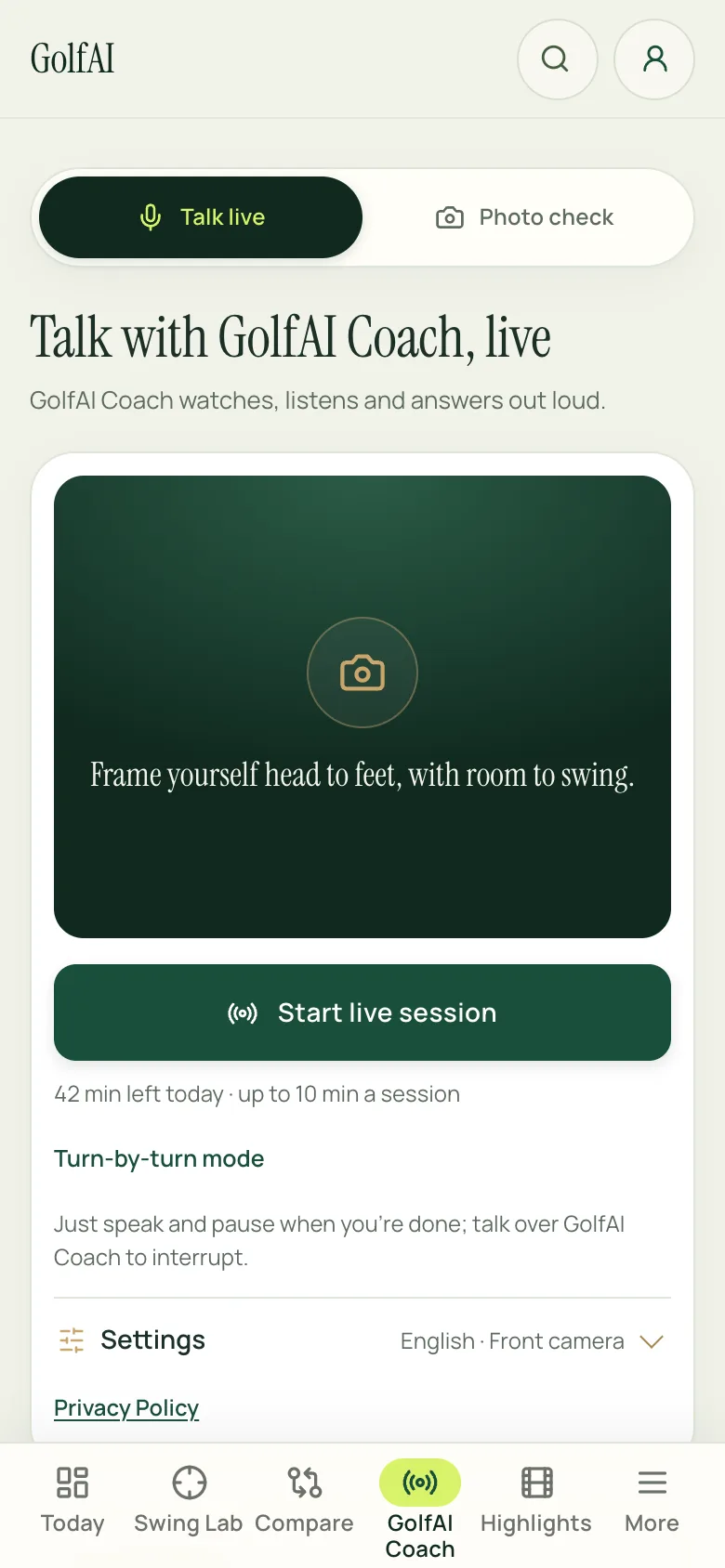 GolfAI Coach, an AI, on a phone before a live session: a frame for the camera, the Start live session button and the minutes left today.