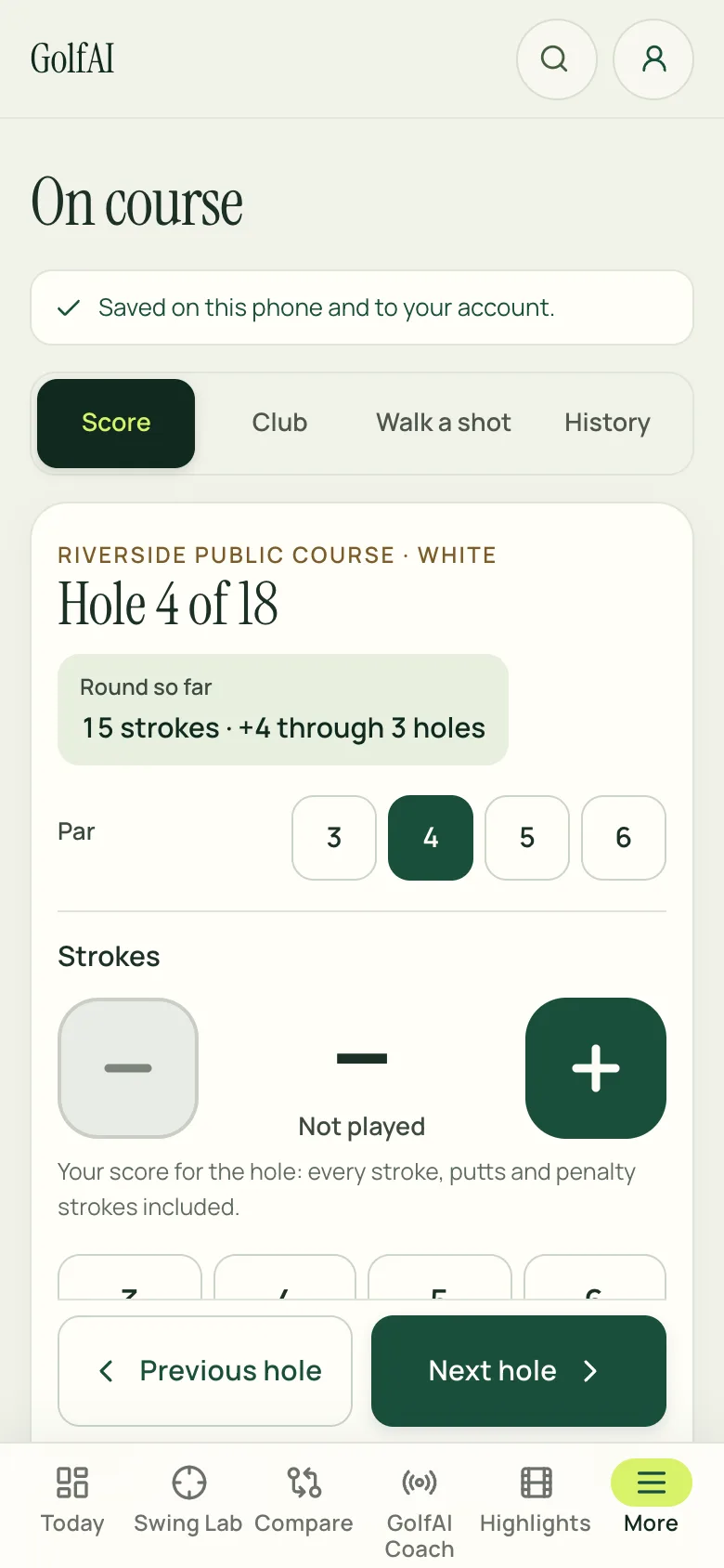On-course mode on a phone: hole 4 of 18 on the scorecard, the round so far, and tabs to choose a club, walk a shot and see past rounds.