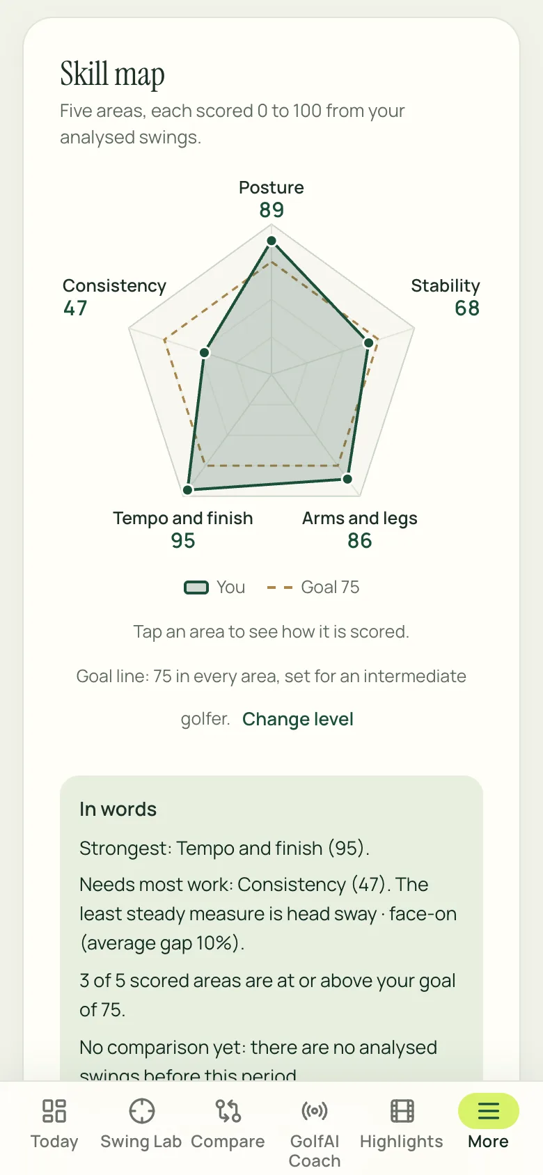 Progress on a phone: a skill map with five areas, each scored from the golfer’s analysed swings, and a dashed goal line for their level.