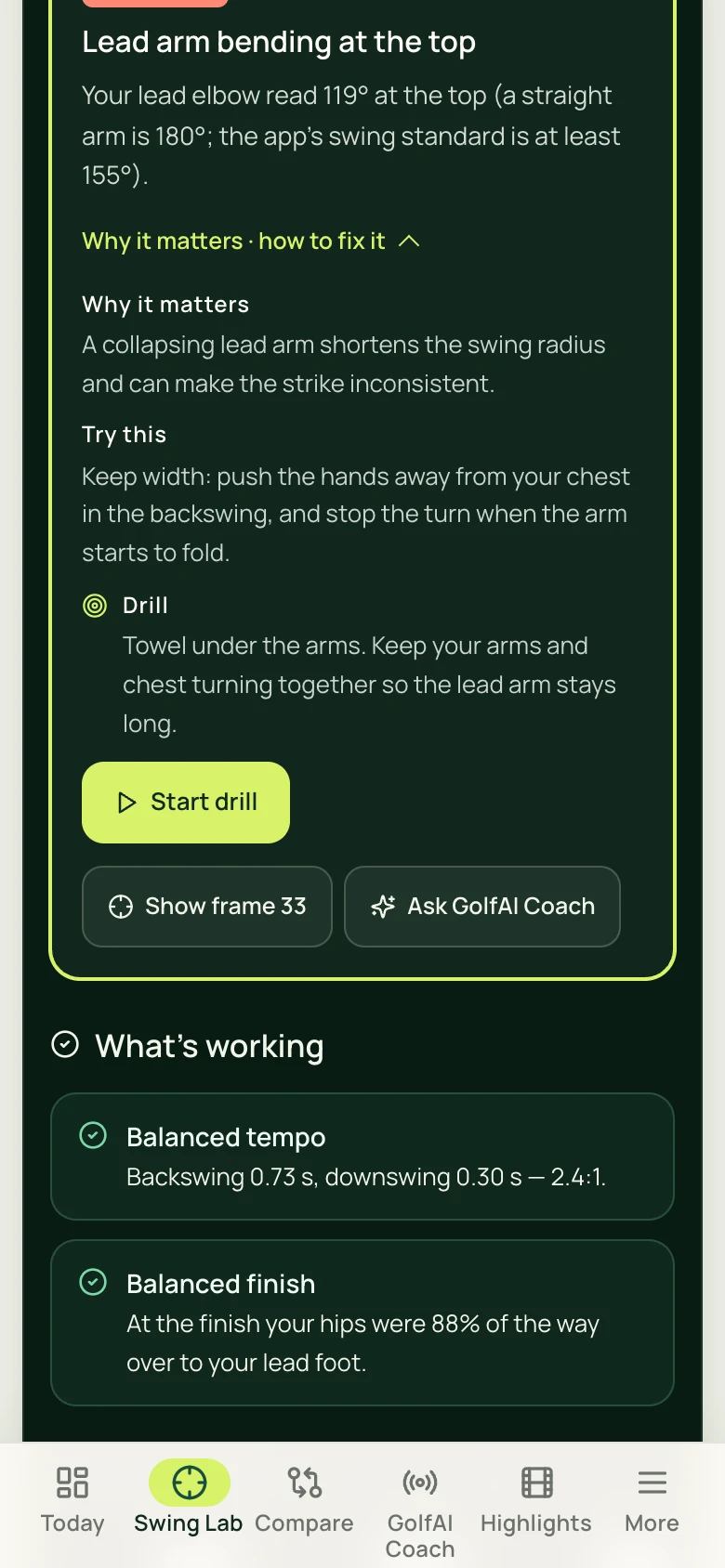 Actual GolfAI finding on a phone: Lead arm bending at the top, a 119-degree lead-elbow reading, why it matters, how to fix it and the Towel under the arms drill. Sample data.