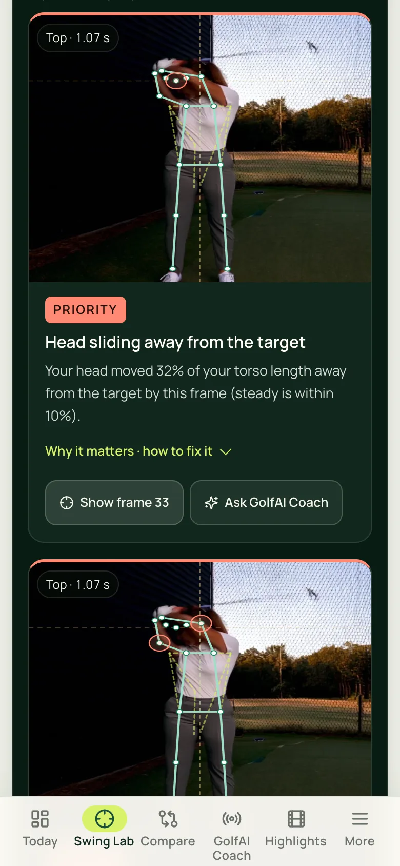 A problem frame in the app: a generated golfer at the top of the backswing with the skeleton drawn on her and her head circled, marked Priority, “Head sliding away from the target” and how far it moved.