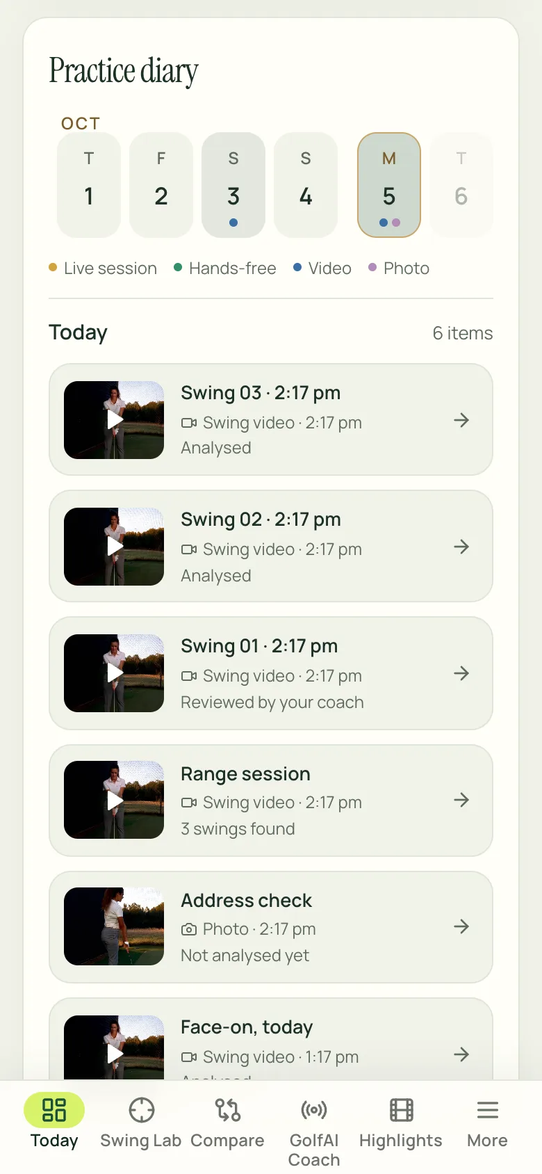 Actual GolfAI practice diary on a phone: today’s recordings, including a range recording marked “3 swings found” and the three swing clips cut from it, one reviewed by the coach; the golfer in the thumbnails is generated. Sample data, not output of the Compact Bay concept.